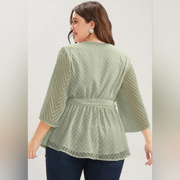 Geometric Mesh Surplice Neck Belted Ruffles Blouse - Picture 4 of 5